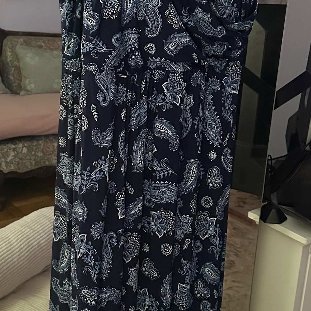 London Times long dress, criss-cross midriff, paisley blues. Size 12. Tall woman